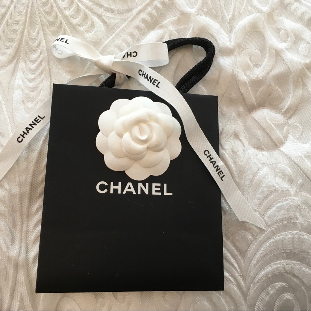 Chanel Black Gift Bag with White Camellia and Ribbon